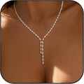 STONEFANS Long Tennis Necklaces for Women - Dainty Silver Lariat Necklace Rhinestone Y Shaped Drop Necklace Cute Choker Necklaces for Women Trendy Silver Prom Jewelry Gifts