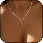 STONEFANS Long Tennis Necklaces for Women - Dainty Silver Lariat Necklace Rhinestone Y Shaped Drop Necklace Cute Choker Necklaces for Women Trendy Silver Prom Jewelry Gifts