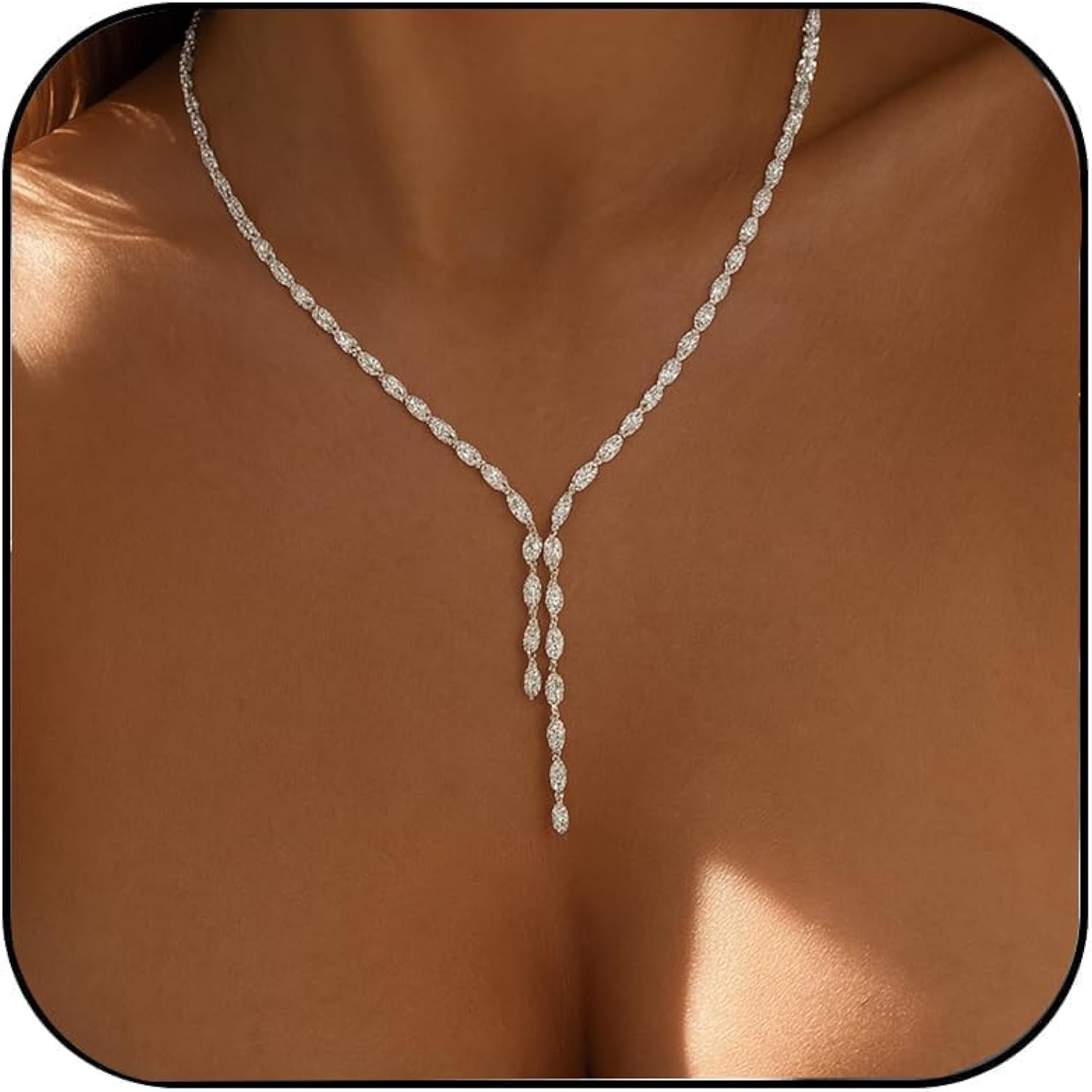 STONEFANS Long Tennis Necklaces for Women - Dainty Silver Lariat Necklace Rhinestone Y Shaped Drop Necklace Cute Choker Necklaces for Women Trendy Silver Prom Jewelry Gifts