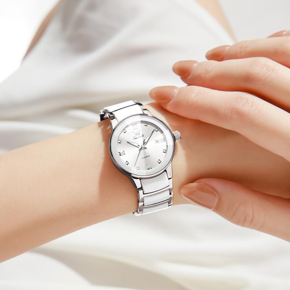 Olevs Women'S Watch Small Face Slim Ceramic And Stainless Steel Bracelet Luxury Diamond Accents Elegant Ladies Dress Wrist Watch Waterproof Luminous Quartz Jewelry Watches Gift For Women