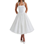 Women Halter Midi Dress Corset Back Layered Tulle Skirt A Line Formal Dresses Wedding Guest Bridal Shower