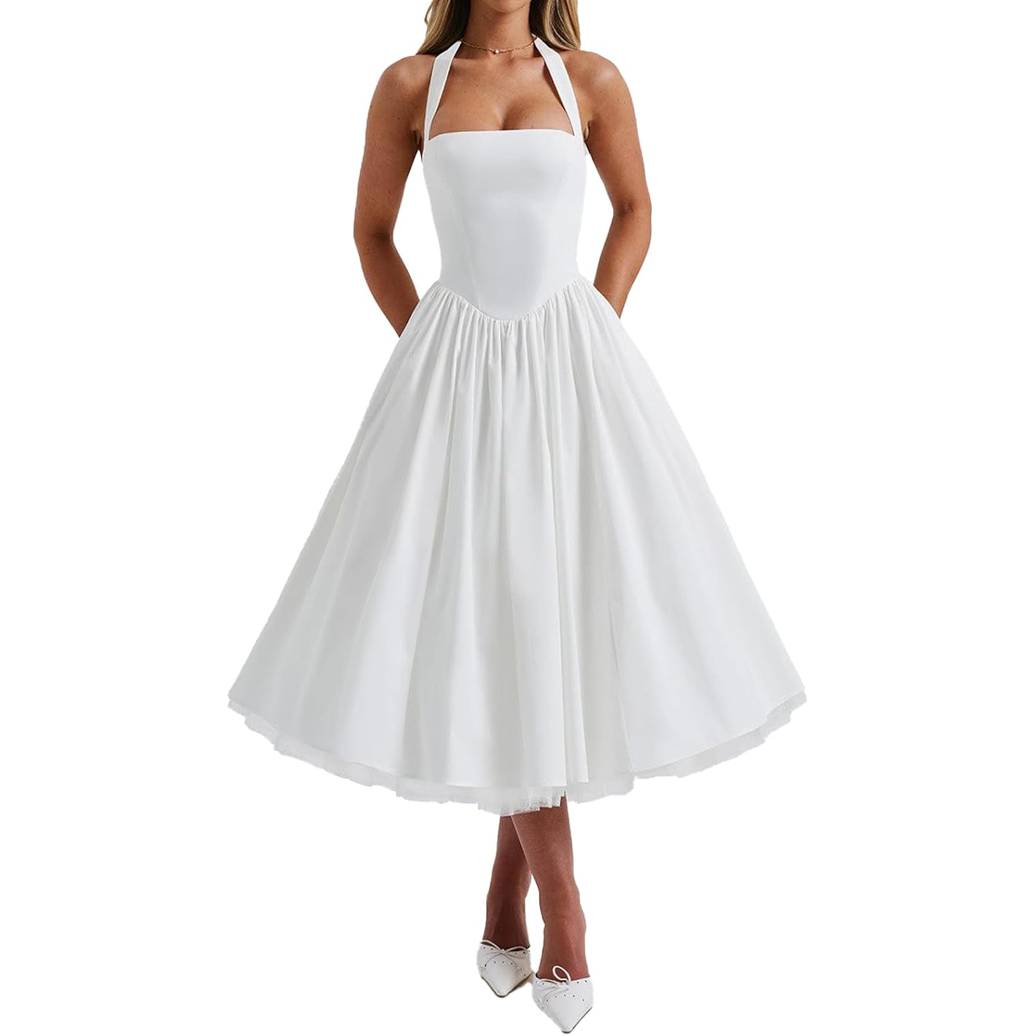 Women Halter Midi Dress Corset Back Layered Tulle Skirt A Line Formal Dresses Wedding Guest Bridal Shower