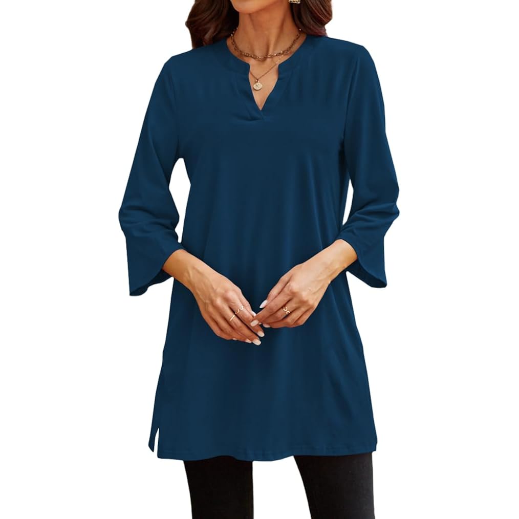 Womens Tunic Tops 3/4 Bell Sleeve Loose Fit Tunics Dressy Casual Side Split Flare Top for Leggings S-3XL