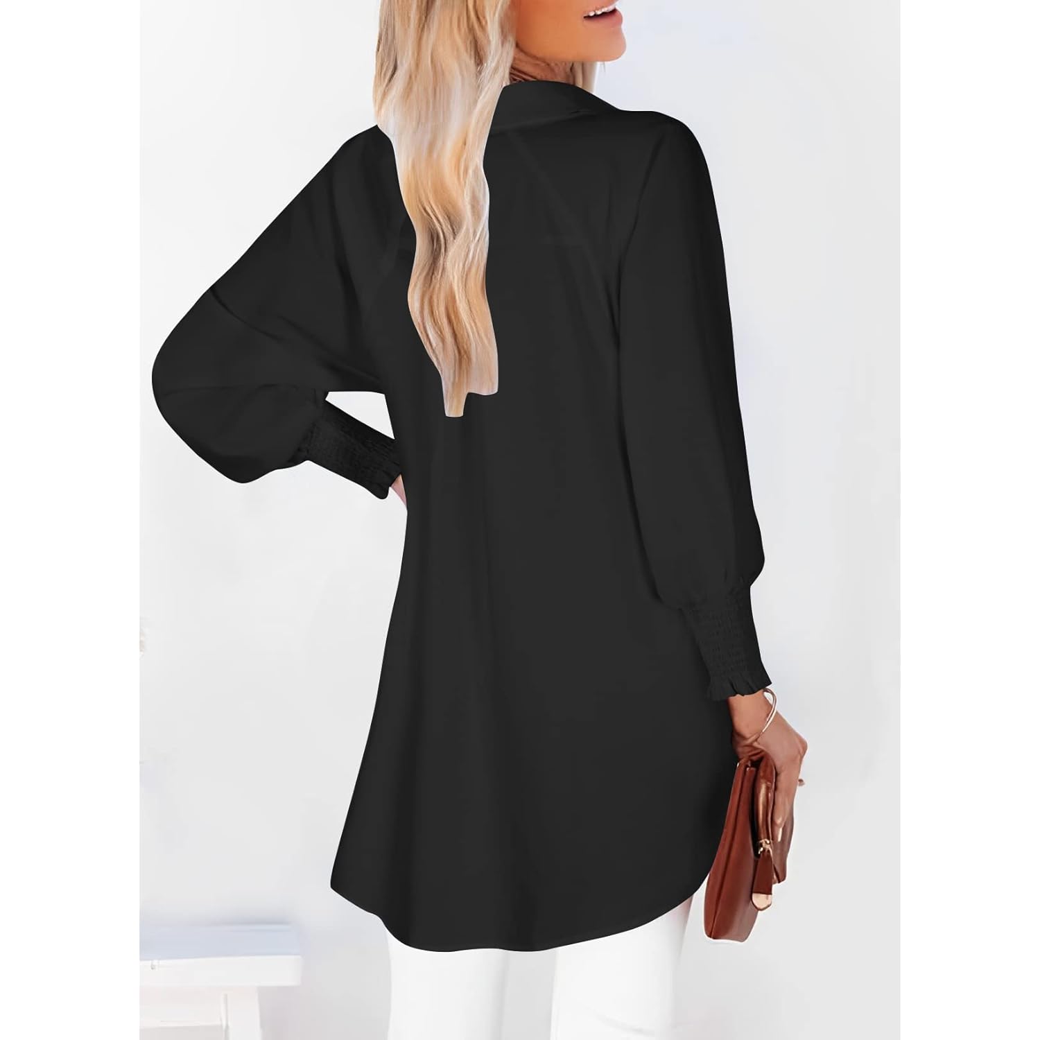 Womens Smocked Cuffed Striped Boyfriend Shirt Casual Collar Long Sleeve Oversized Button Down Blouse Tops with Pocket Shirred