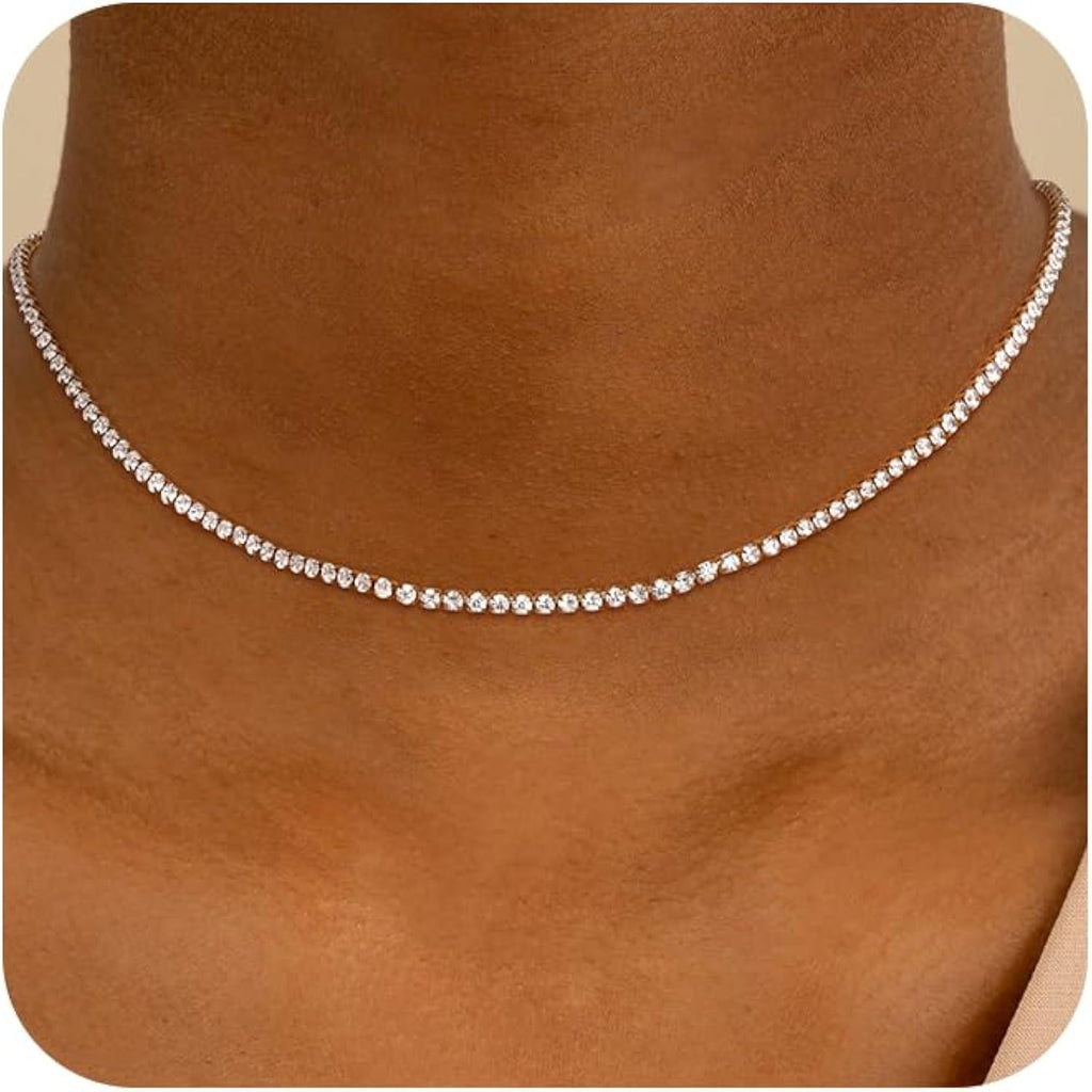 Robaice Tennis Necklace for Women, 14K Gold/Silver Plated Rhinestone Choker Necklace for Women, Dainty Cubic Zirconia Cut Faux Diamond Chain