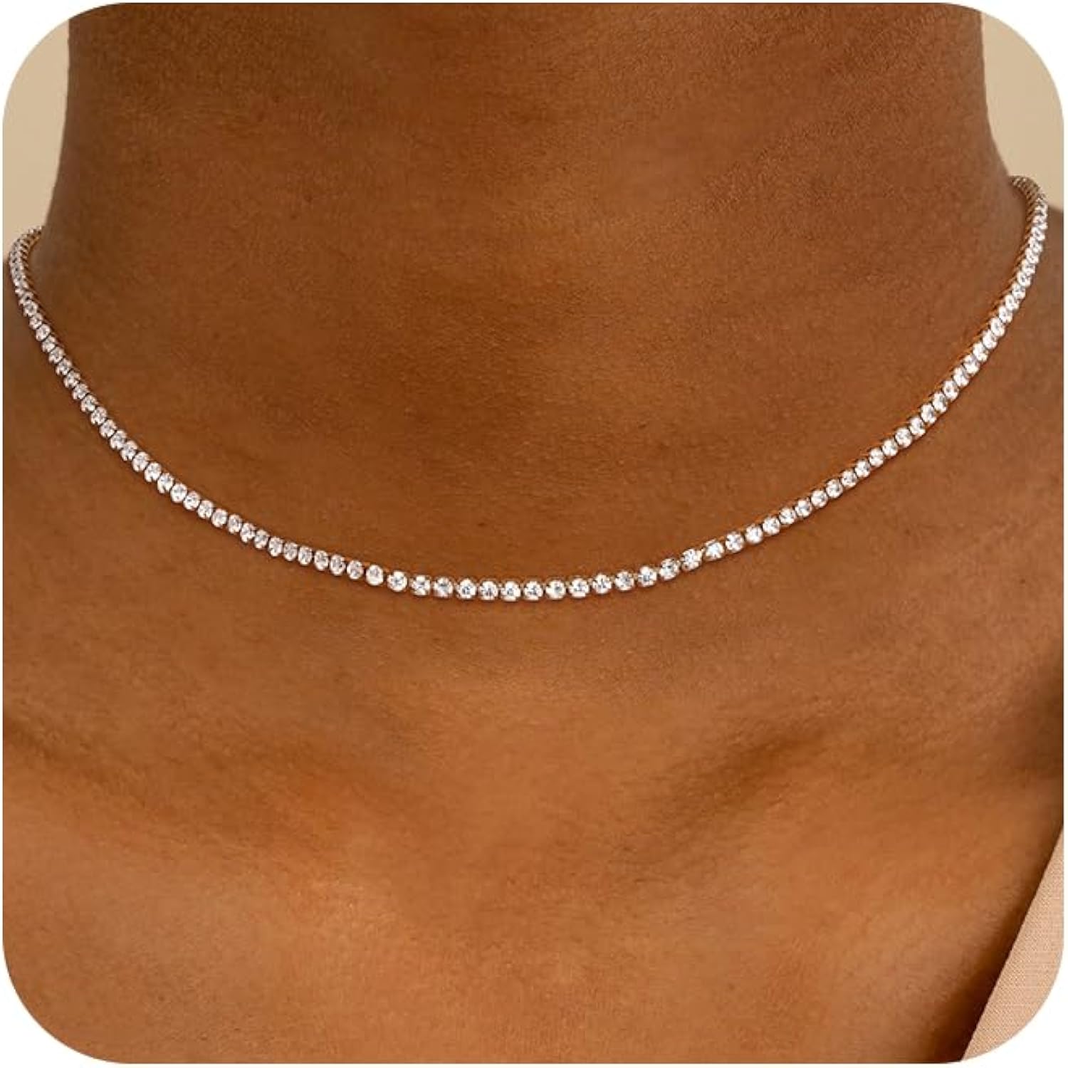 Robaice Tennis Necklace for Women, 14K Gold/Silver Plated Rhinestone Choker Necklace for Women, Dainty Cubic Zirconia Cut Faux Diamond Chain