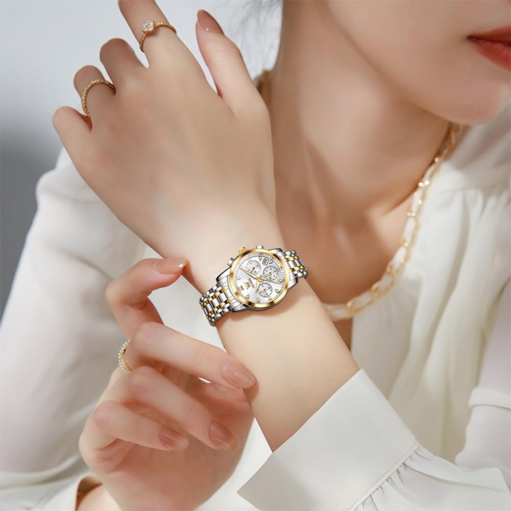 Olevs Women Watch Multifunctional Two Tone Watch Fashion Business Analog Quartz Ladies Watch Stainless Steel Waterproof Diamond Watch For Women