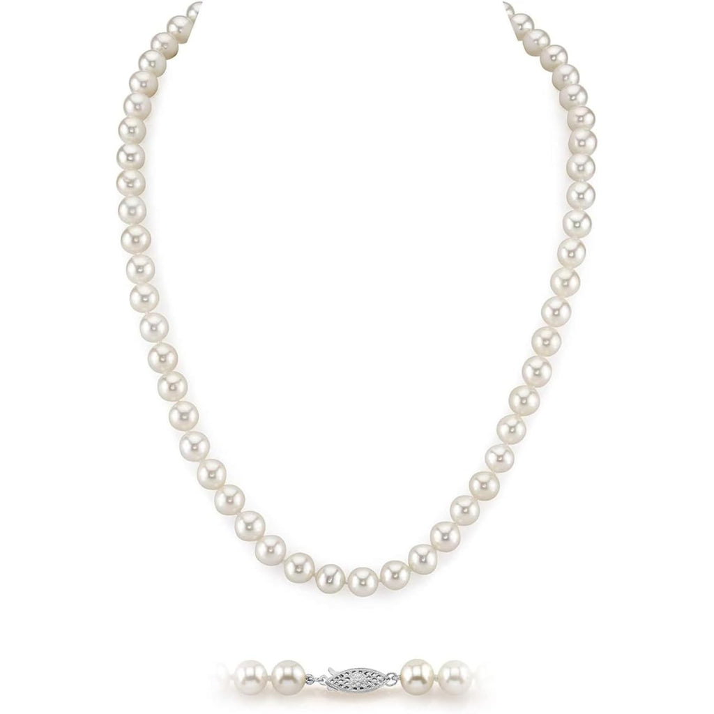 The Pearl Source Real Freshwater Pearl Necklace for Women, Round White Genuine Cultured Freshwater Pearls, Classic Single Strand Pearl Necklace, Sterling Silver Fishhook Clasp