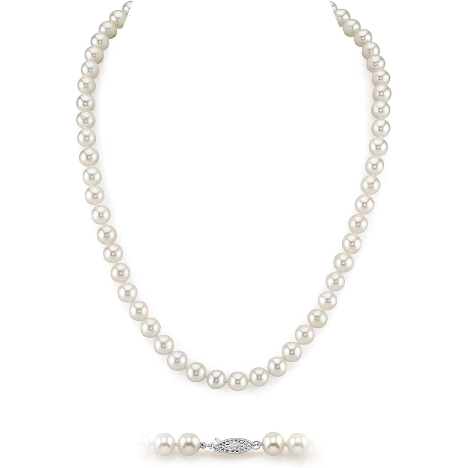 The Pearl Source Real Freshwater Pearl Necklace for Women, Round White Genuine Cultured Freshwater Pearls, Classic Single Strand Pearl Necklace, Sterling Silver Fishhook Clasp