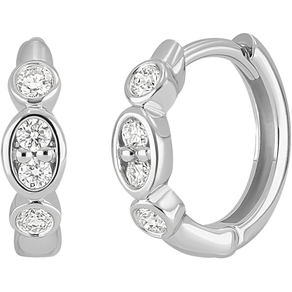 18K White Gold Diamond Florentine Huggie Hoop Earrings