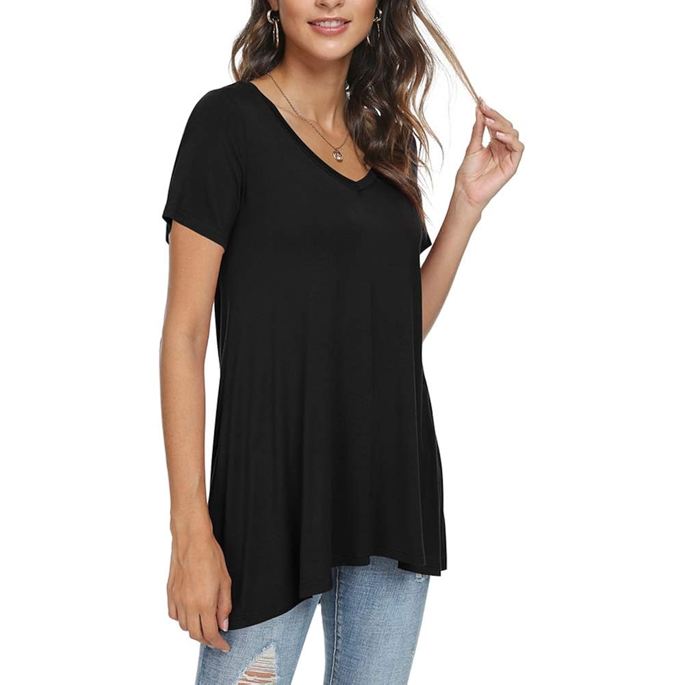Women's long Tunic Tops to Wear with Leggings Summer Short Sleeve Loose Fit Dressy Shirts M-5XL