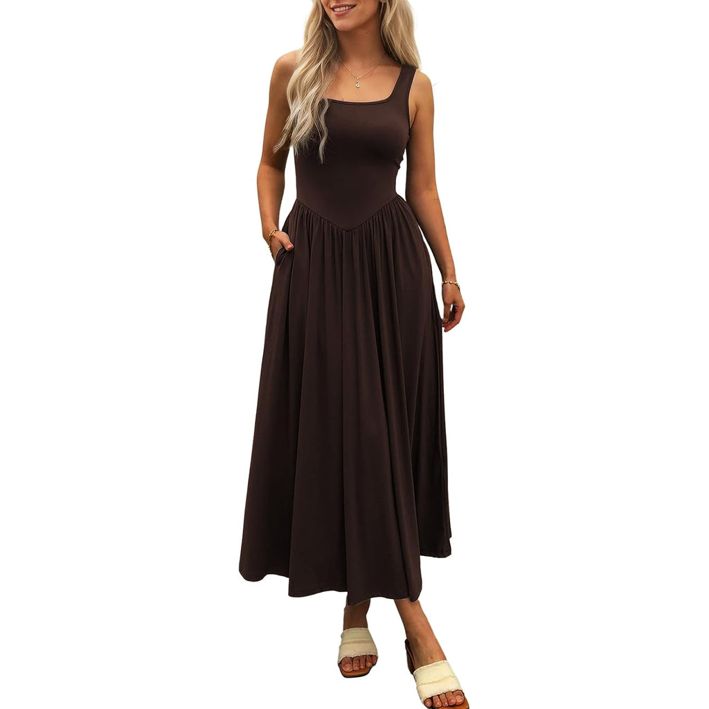 Mieazom Women'S Summer Maxi Dress 2026 - Sleeveless Square Neck Casual Beach Sundress With Pockets, Flowy Patchwork Knit