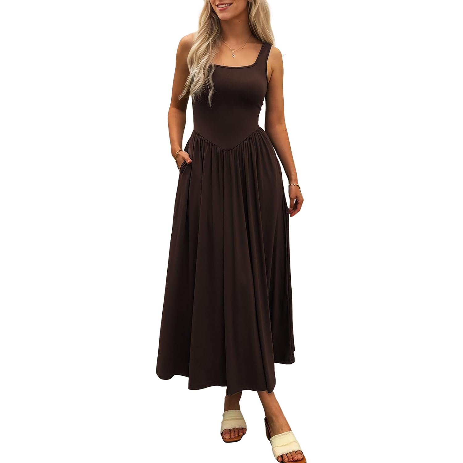 Mieazom Women'S Summer Maxi Dress 2026 - Sleeveless Square Neck Casual Beach Sundress With Pockets, Flowy Patchwork Knit