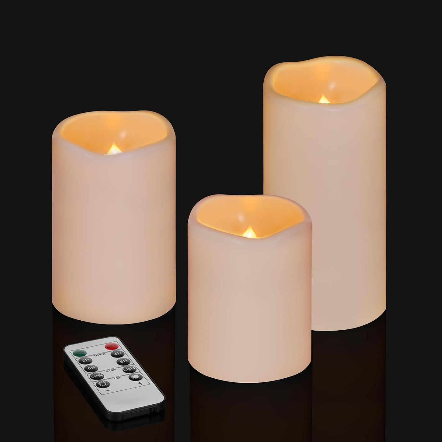 Flameless Candles 4" 5" 6" Outdoor Indoor Pillars Battery Operated Flickering Candles Include 10-Key Remote Timer 400+ Hours By 2 Aa Batteries (Ivory Candle - Warm Light, 3"D X 4"|5"|6" H - 3 Pack)