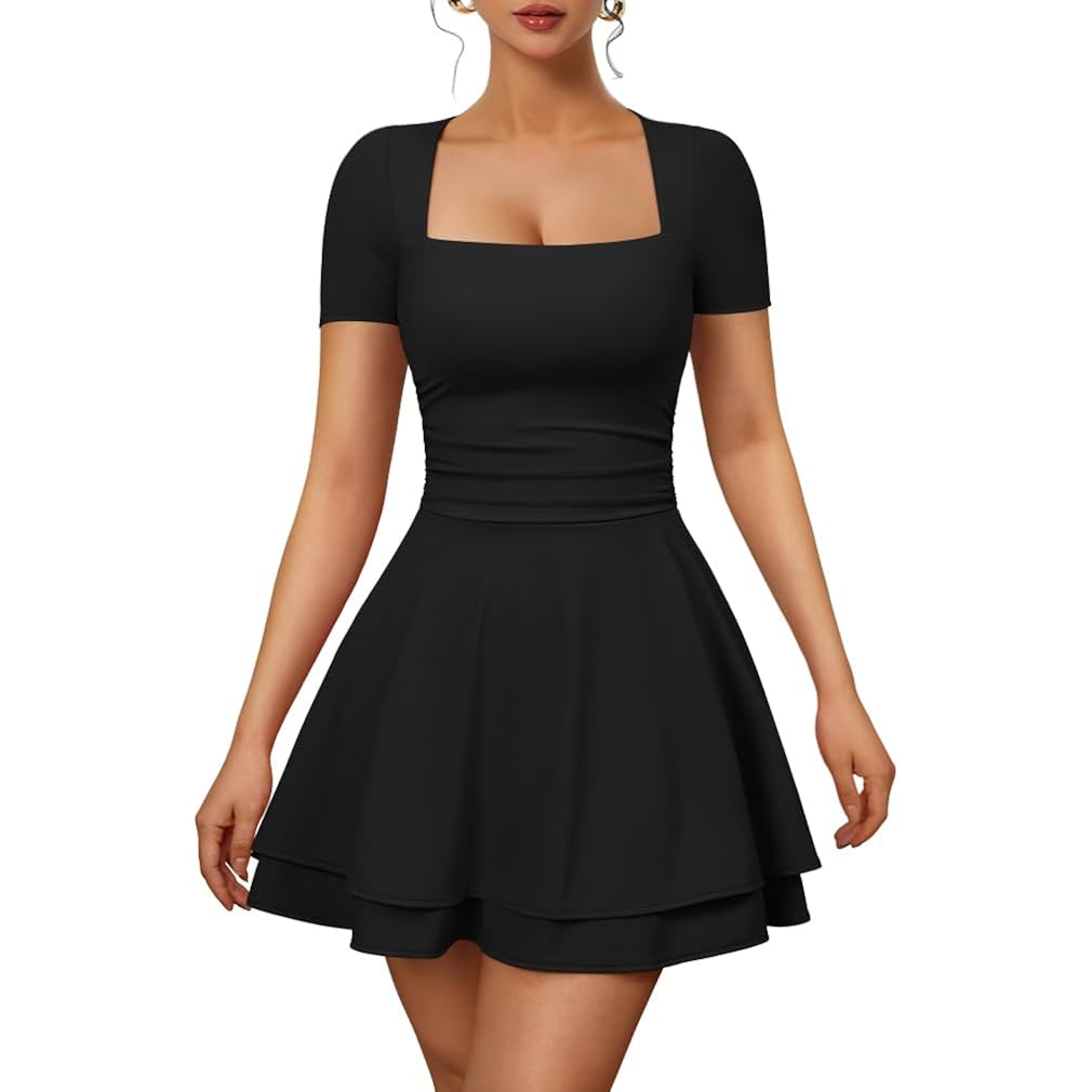 Women's Sexy Square Neck Short Sleeve Ruched Tiered Ruffle Hem Flowy Club Party Mini Dress