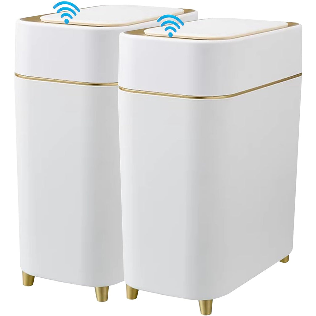 Yatmung 2-Pack - Automatic Compact Trash Can With Touchless Lid Smart Garbage Can - Waste Basket For Bathroom, Bedroom, Laundry Room, Small Spaces - Motion Sensor Trash Bin - White With Gold Edge