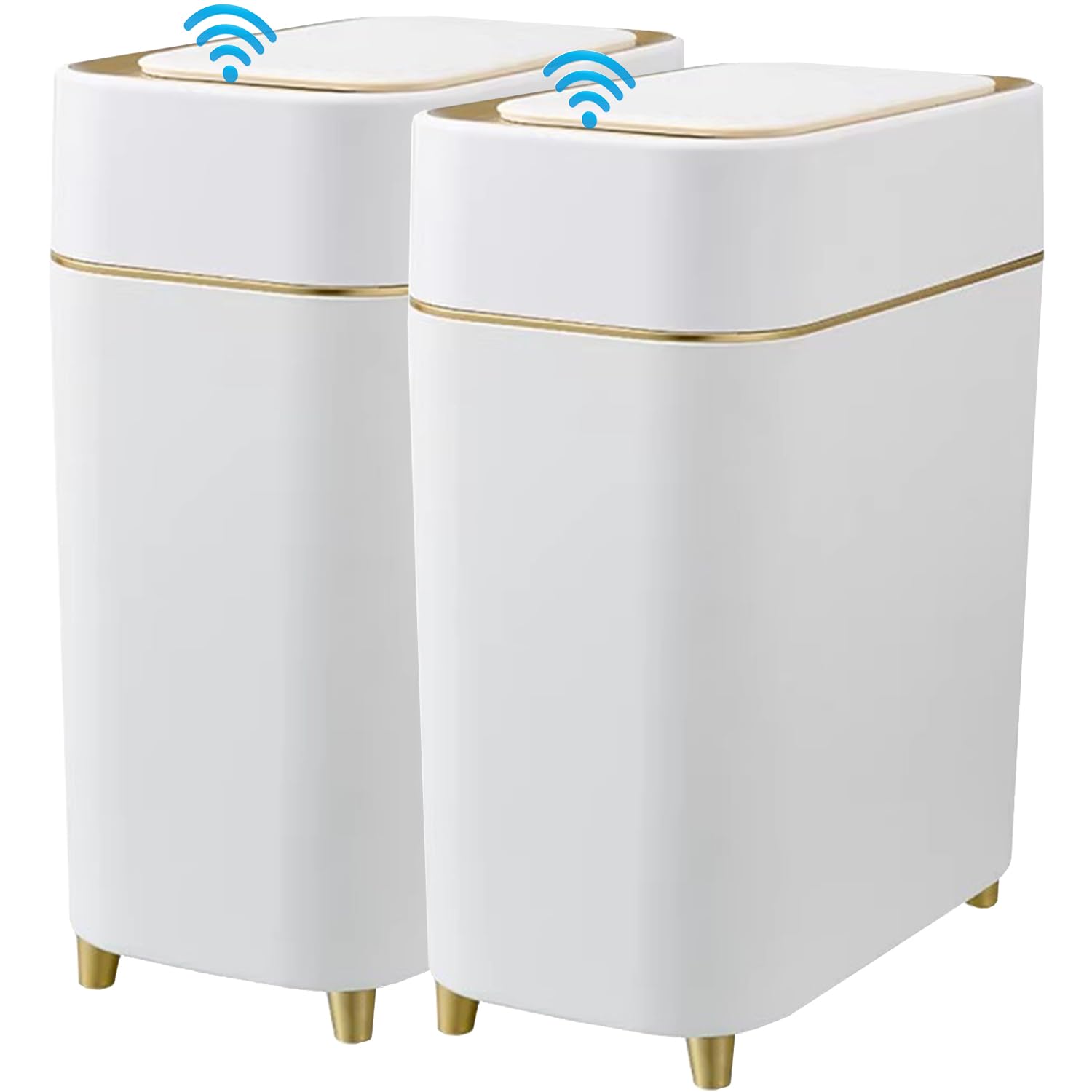 Yatmung 2-Pack - Automatic Compact Trash Can With Touchless Lid Smart Garbage Can - Waste Basket For Bathroom, Bedroom, Laundry Room, Small Spaces - Motion Sensor Trash Bin - White With Gold Edge