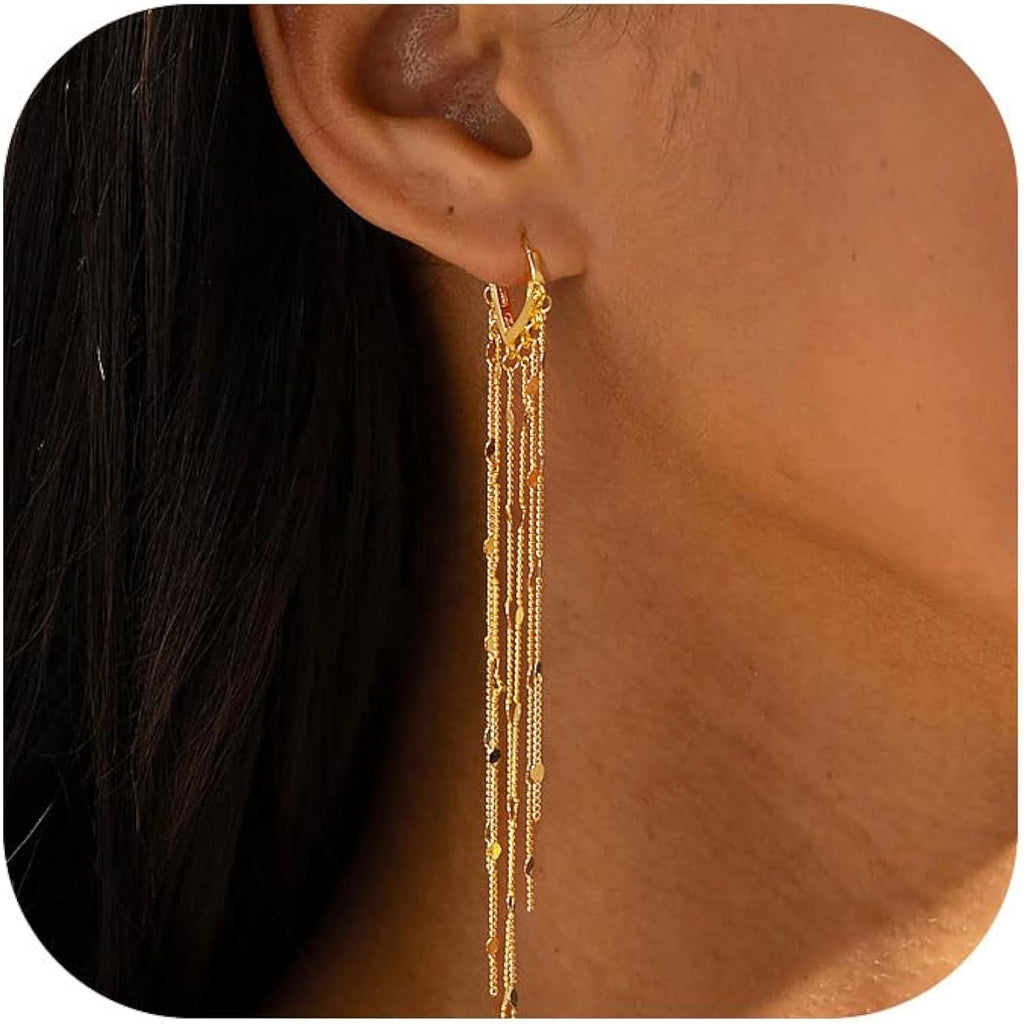 Robaice Gold Long Prom Earrings for Women, 14K Gold Plated Pearl Dangle Drop and Chain Tassel Threader Earrings Dangling，Rhinestone Zirconia Hypoallergenic Bride Party Prom Gold jewelry，Women Gifts