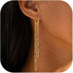 Robaice Gold Long Prom Earrings for Women, 14K Gold Plated Pearl Dangle Drop and Chain Tassel Threader Earrings Dangling，Rhinestone Zirconia Hypoallergenic Bride Party Prom Gold jewelry，Women Gifts