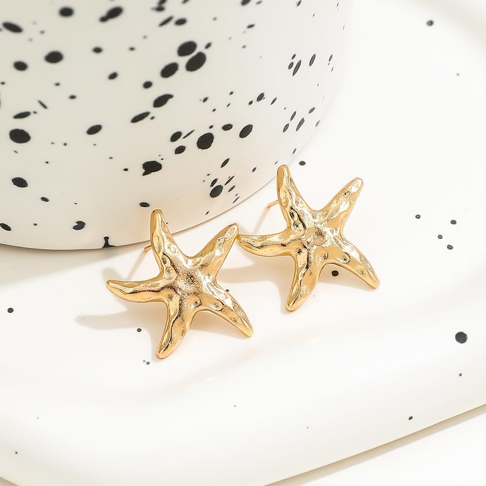 14K Gold Plated Starfish Earrings for Women Trendy, Boho Summer Beach Starfish Earring Gold Statement Hypoallergenic Studs Vacation Outfits Accessories Jewelry