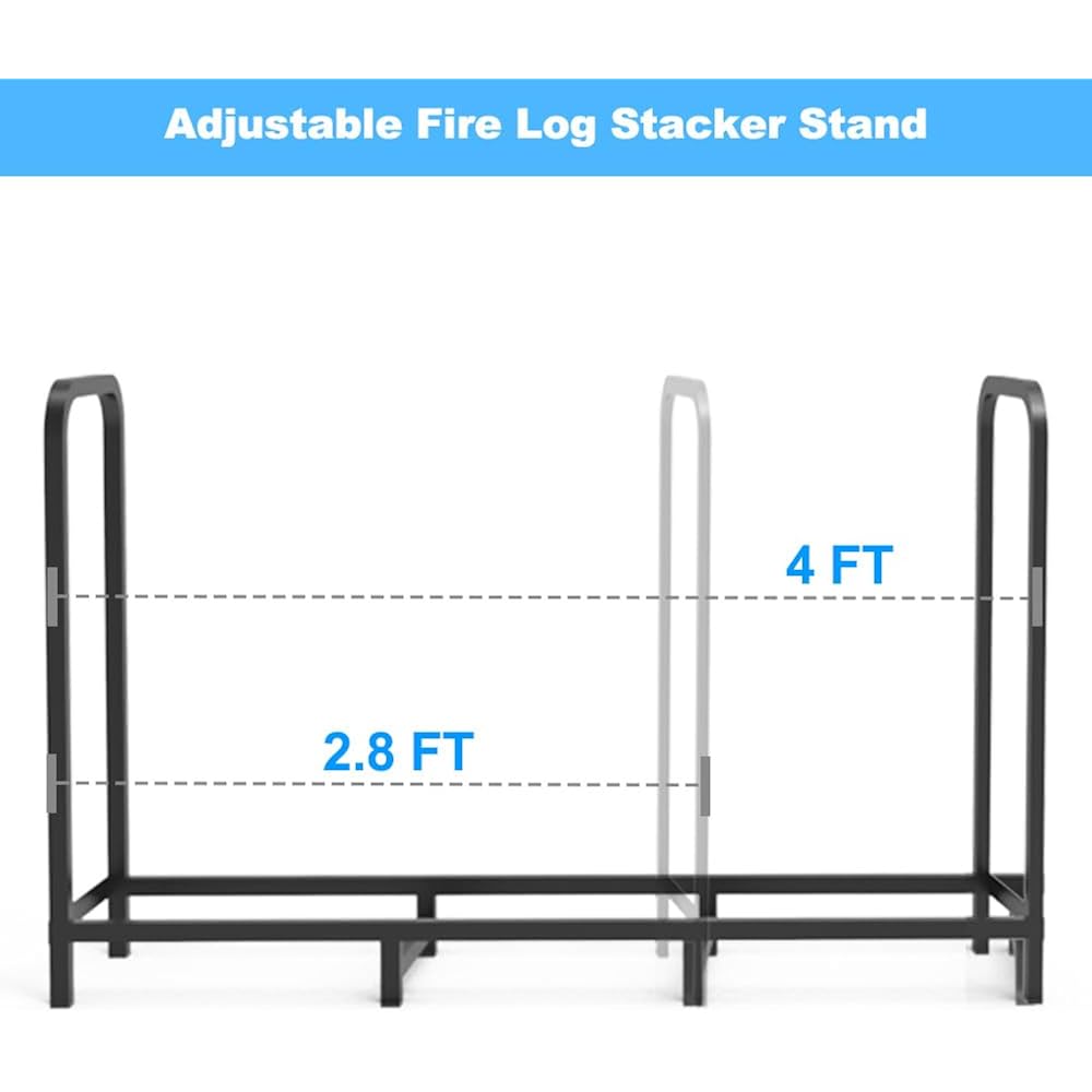 4Ft Firewood Rack Holder, Adjustable Heavy Duty Fire Log Stacker Stand For Fireplace, Outdoor Indoor Metal Wood Pile Storage Organizer, Patio Logs Stand Tool, Black
