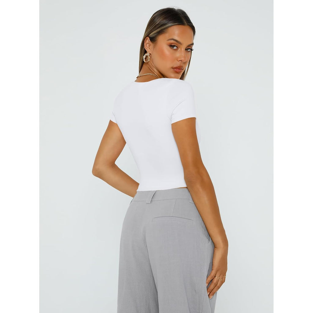Trendy Queen Womens Double Lined Short Sleeve Crop Top for Summer Going Out