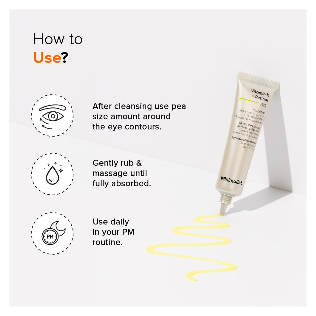 Minimalist Caffeine Eye Cream For Dark Circles, Puffiness, Bags Under Eyes, Wrinkles & Fine Lines | With Vitamin K Oxide & Retinal | For Women & Men | 0.49 Oz / 14 Gm