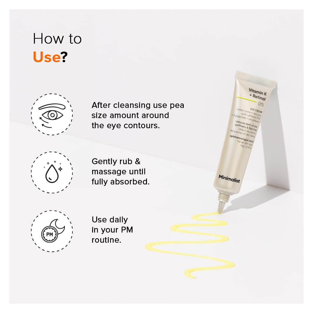 Minimalist Caffeine Eye Cream For Dark Circles, Puffiness, Bags Under Eyes, Wrinkles & Fine Lines | With Vitamin K Oxide & Retinal | For Women & Men | 0.49 Oz / 14 Gm