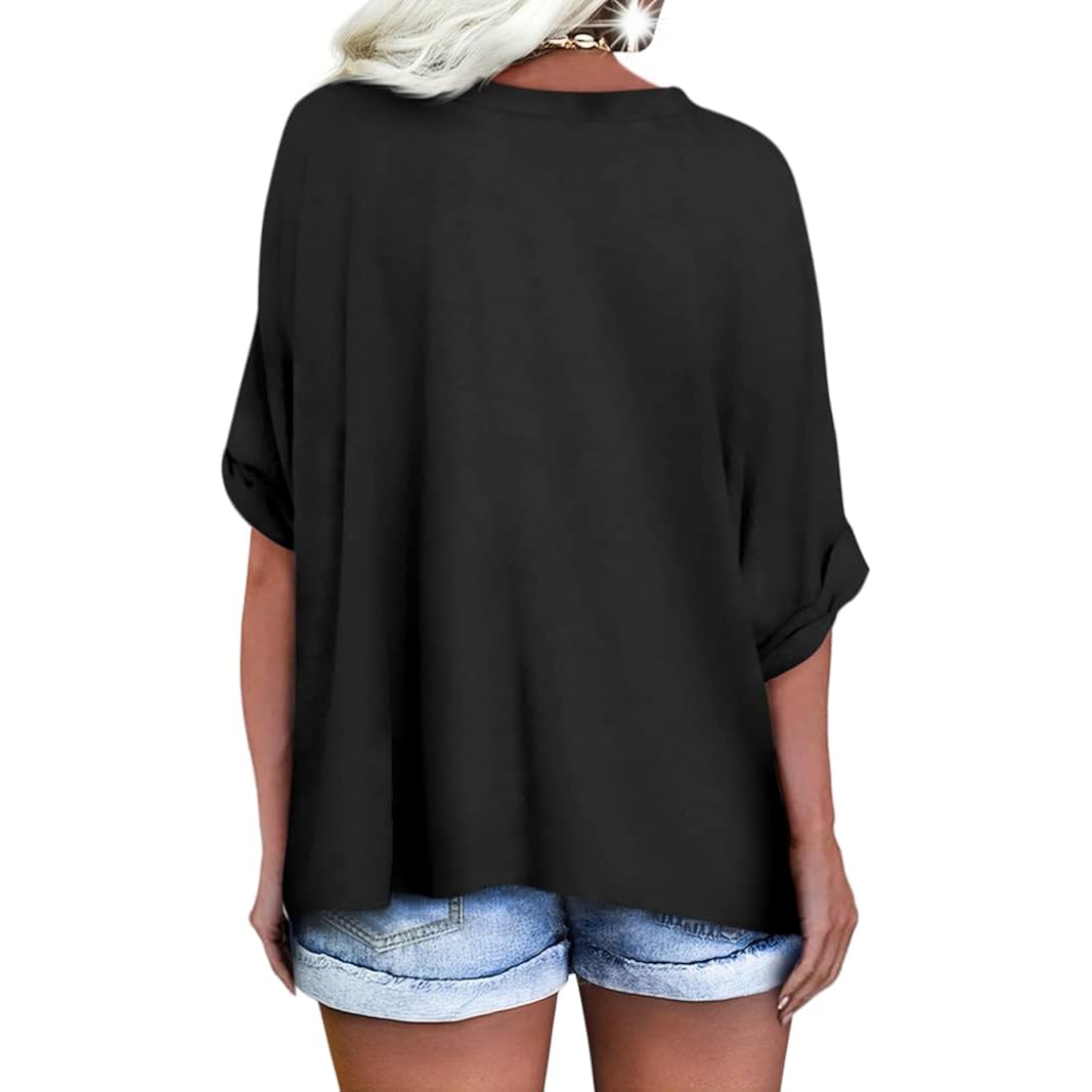 Langwyqu Women's Oversized T Shirts V Neck Short Sleeve Summer Casual Loose Tops Tees