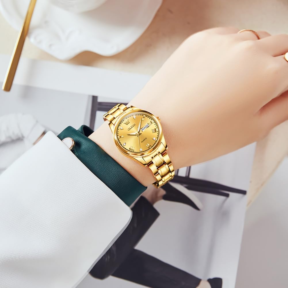 Olevs Gold Watch For Women With Date Day Stainless Steel Waterproof Small Face Quartz Analog Ladies Watches Fashion Gold Black White Dial Female Wristwatch