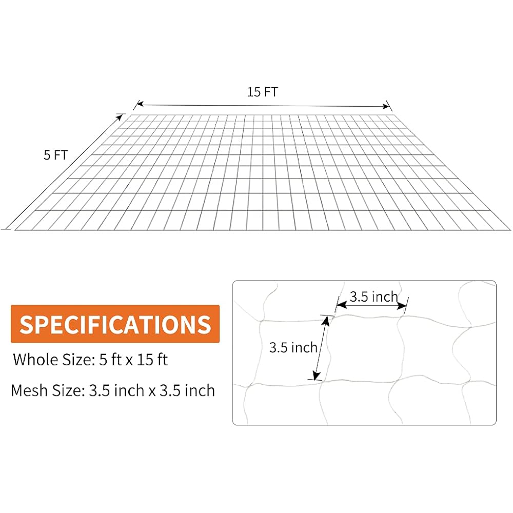 Heavy-Duty Polyester Garden Trellis Netting Plant Climbing Net For Growing Vines Plants Vegetables Fruits Flowers, White Grow Tent (5Ft X15Ft, 3.5" Opening Mesh, 1 Pack)