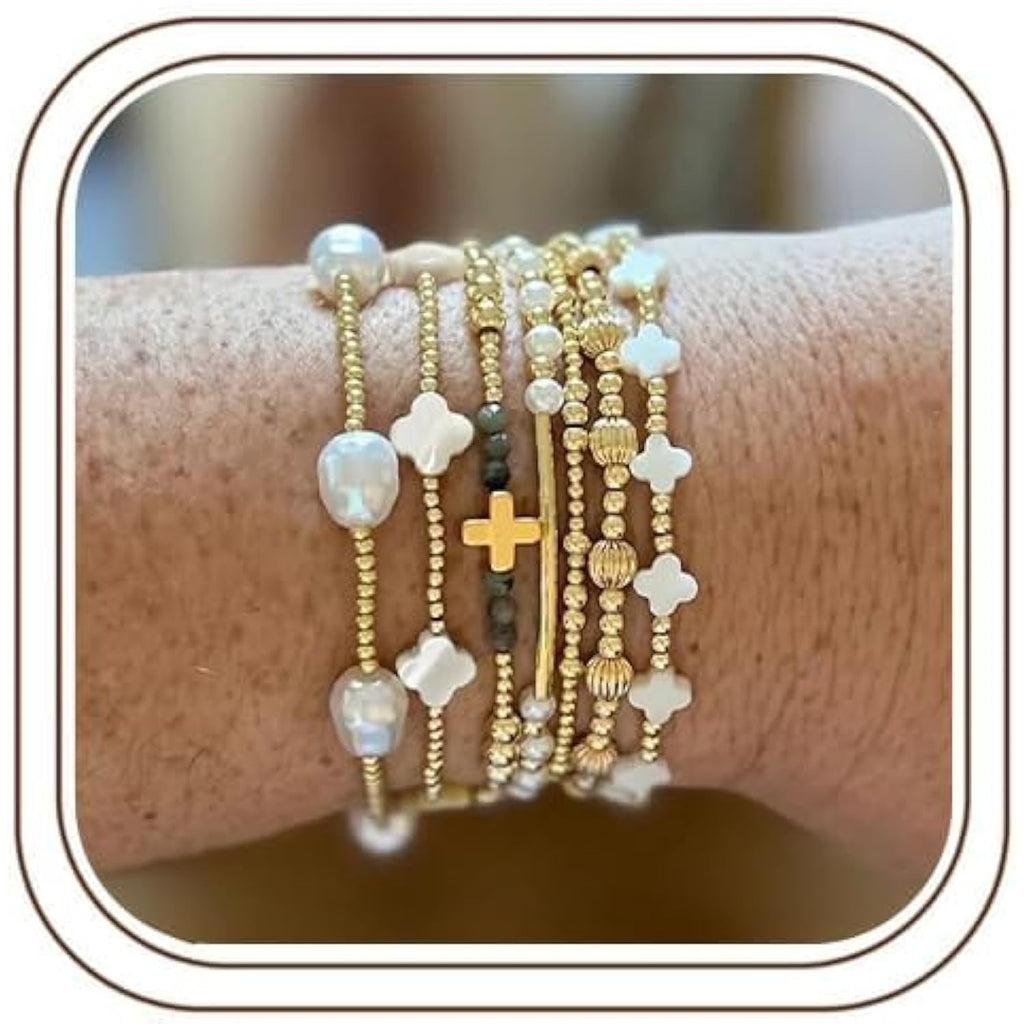 Dainty Cross Clover Gold Beaded Pearl Bracelet Stack for Women,Handmade Boho Gold Plated Beads Stretch Stackable Bracelets Fashion Birthday Prom Jewelry Accessories Mothers Day Gifts Friendship