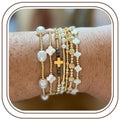 Dainty Cross Clover Gold Beaded Pearl Bracelet Stack for Women,Handmade Boho Gold Plated Beads Stretch Stackable Bracelets Fashion Birthday Prom Jewelry Accessories Mothers Day Gifts Friendship