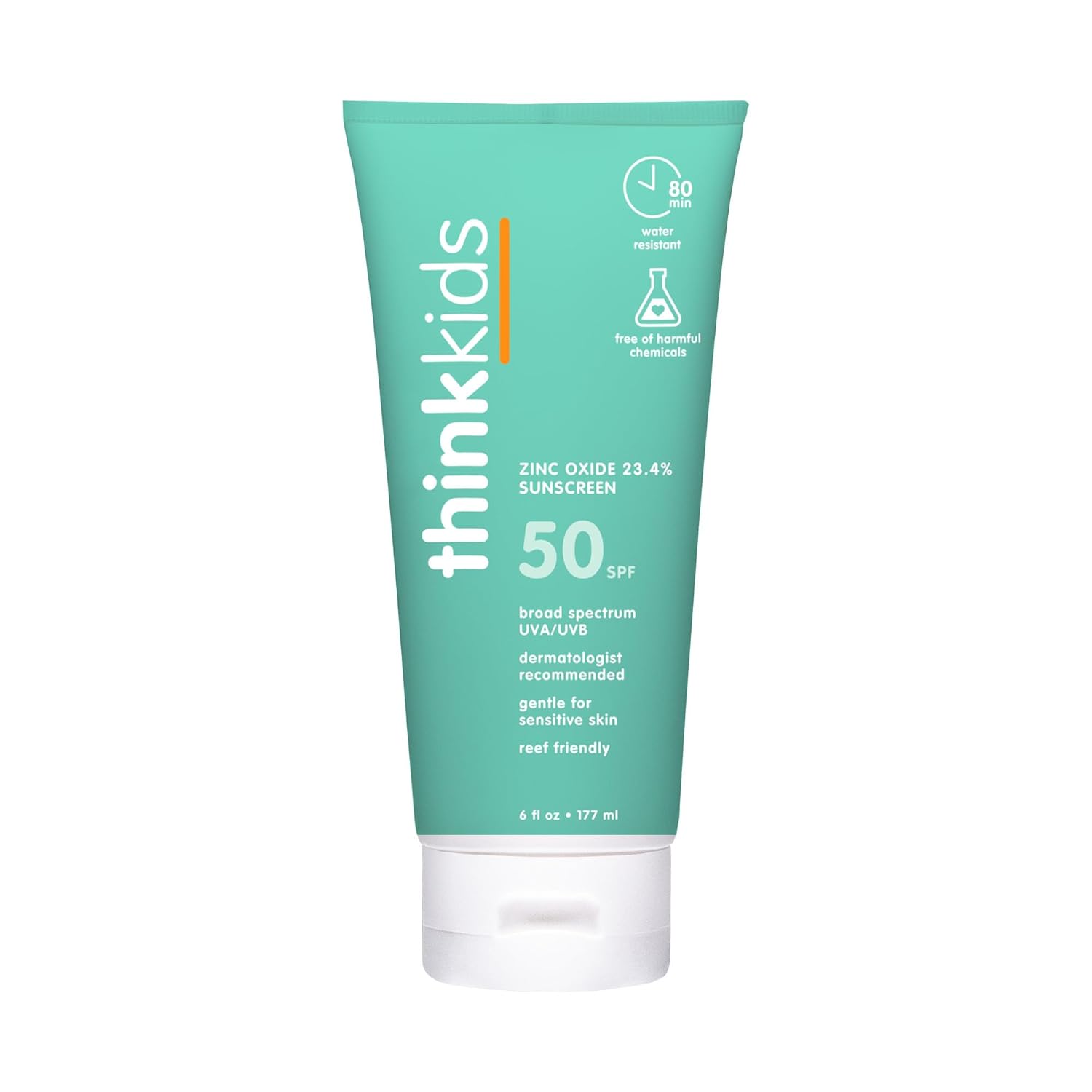 Thinkkids SPF 50+ Mineral Sunscreen, 6 Fl Oz – Safe, Natural Baby Mineral Sunscreen for Children - Water Resistant Sun Cream – Broad Spectrum UVA/UVB Sun Protection – Reef Safe