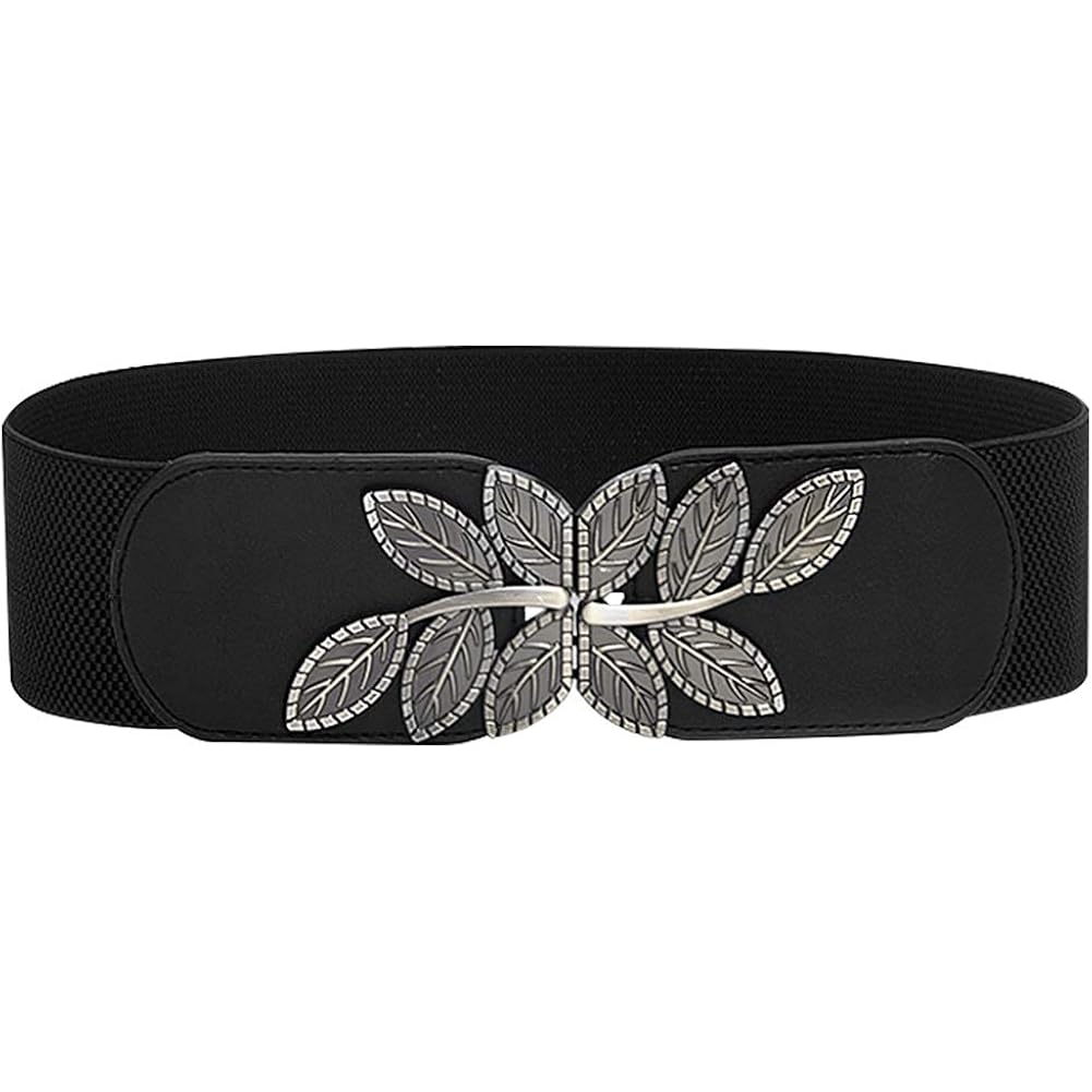 Women's Stretchy Belt for Dress Vintage Wide Gold/silver Leaf Buckle Waist Belts for women Elastic Waistband