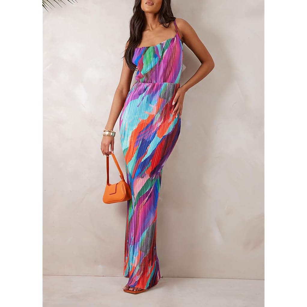 Summer Floral Dress Sexy Strap Shoulder Pleated Maxi Dresses A Line Wedding Guest Dresses For Women