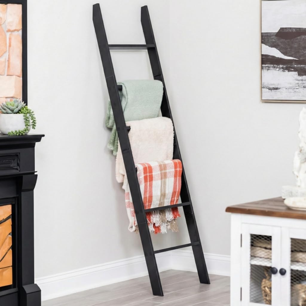 Blanket Ladder For The Living Room And Bedroom, 5Ft 8 Inch, 6-Tier Wall Leaning Laminate Snag Free Material (Black) Rustic Decorative Farmhouse Blanket Holder Rack, Quilt Rack Shelf, Easy Assembly