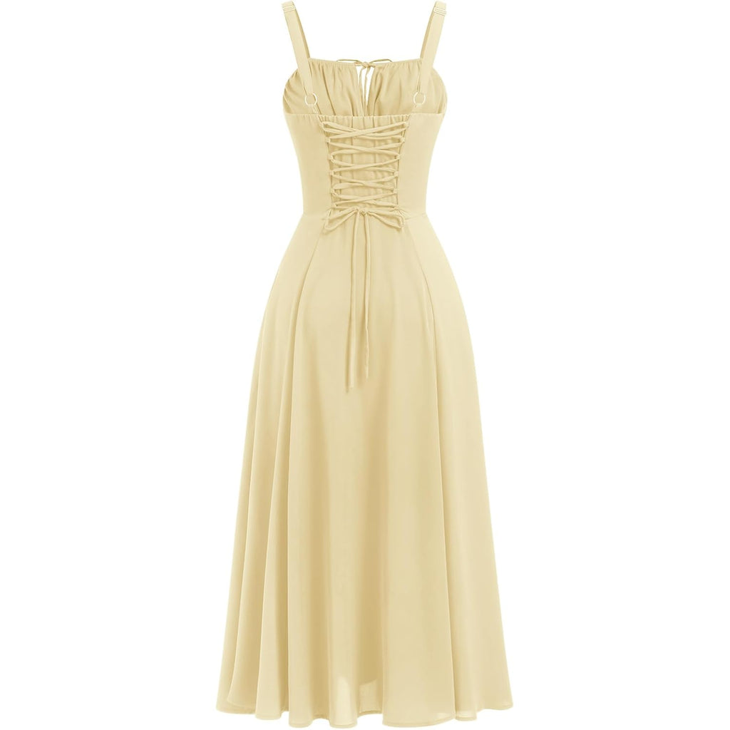 Abehik Women Floral Corset Dress Summer Dress 2026 Boho Flowy Slit Lace Up Midi Dresses Going Out A Line Casual Sundress