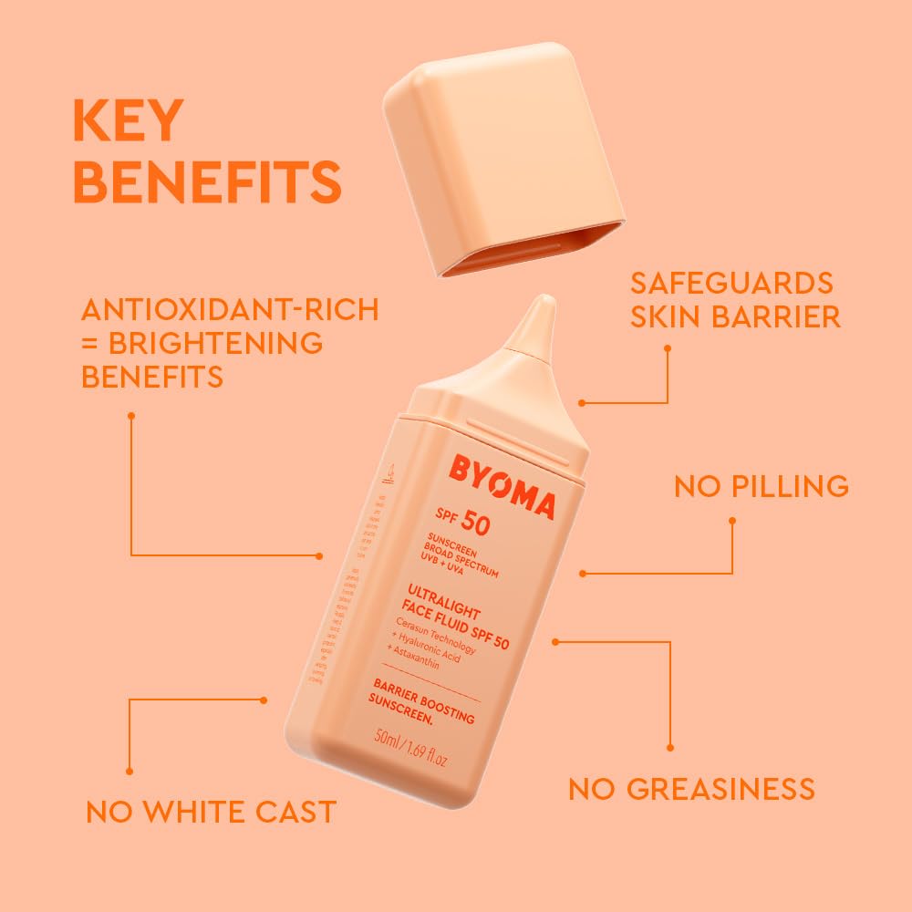 Byoma Spf 50 Face Fluid - Ultra-Lightweight Facial Sunscreen For All Skin Tones - Luminous Glow, No White Cast - Spf Moisturizer Strengthens Skin Barrier - 1.69 Fl.Oz