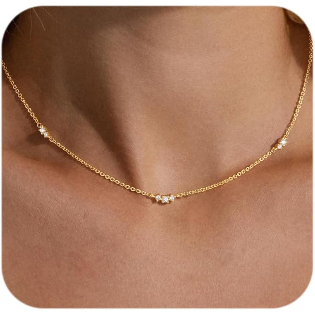 Gold Necklace for Women Dainty 14k Gold Plated Silver CZ Diamond Thin Choker Necklace Trendy Small Layering Chain for Women Non Tarnish Free Womens Simple Waterproof Jewelry 14 16 18inch