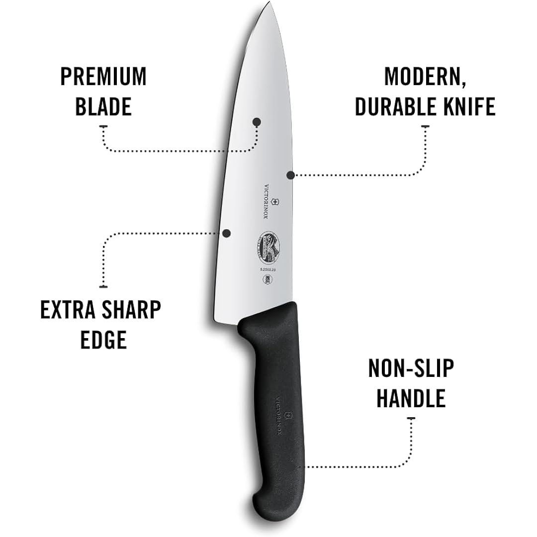 Victorinox Fibrox Pro Chef’s Knife, 8 Inch - Swiss Army Kitchen Knife, High Carbon Stainless Steel Blade, Non-Slip Fibrox Handle, Dishwasher Safe, Black