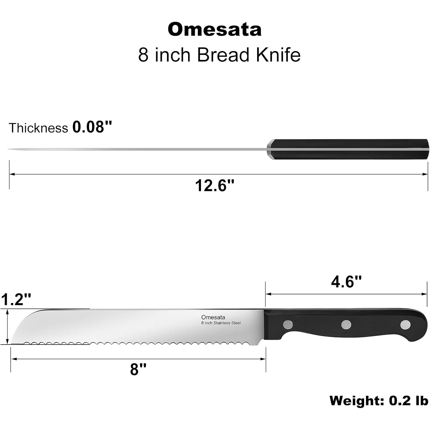 Omesata Bread Knife, Serrated 8 Inch Bread Knifes For Homemade Bread Sourdough, Blade Razor Sharp And Wavy Edge From Professional Stainless Steel