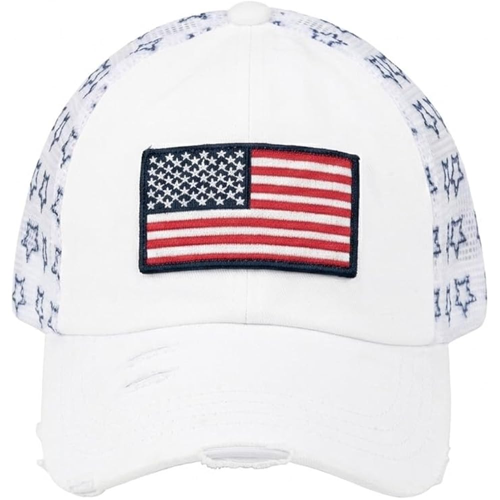 C.C Women's Criss-Cross Ponytail Baseball Cap – Embroidered Cotton Front, American Flag Mesh Back, Adjustable Velcro Flag-white