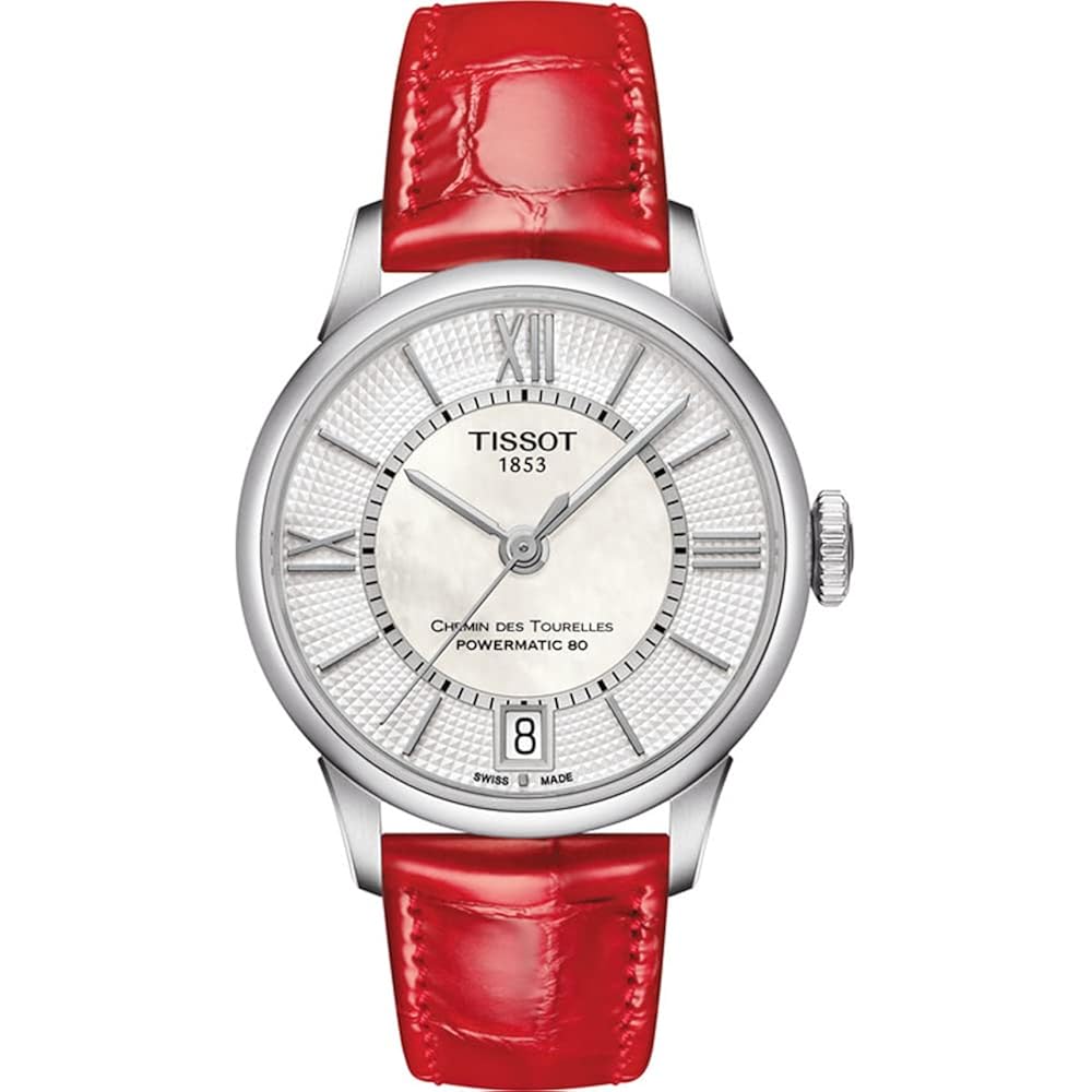 Tissot Womens Tissot Chemin Des Tourelles Powermatic 80 Lady 316L Stainless Steel Case Automatic Watch, Red, Leather, 16 (T0992071611800)