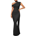 Isolde Women'S One Shoulder Mesh Ribbon Ruched Formal Maxi Dress | Built-In Bra, Cascading Tie, Mermaid Hem, Curve-Hugging Fit, Soft Lining, Stretch Fabric For Weddings, Proms And Celebrations