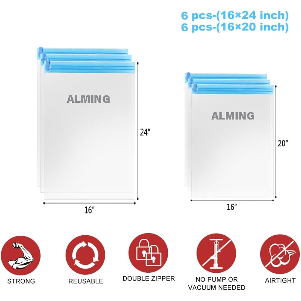 Compression Bags - Travel Essentials - 12 Pack Space Saver Bags - No Vacuum Pump Or Air Extractor Is Needed - Storage Accessorie And Home Packing Organizers (Transparent)