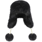 Women Faux Fur Trapper Hat with Pompoms Warm Classic Ear Flaps Hat Fuzzy Bobble Cap Warm Outdoor Ski Snow Cap