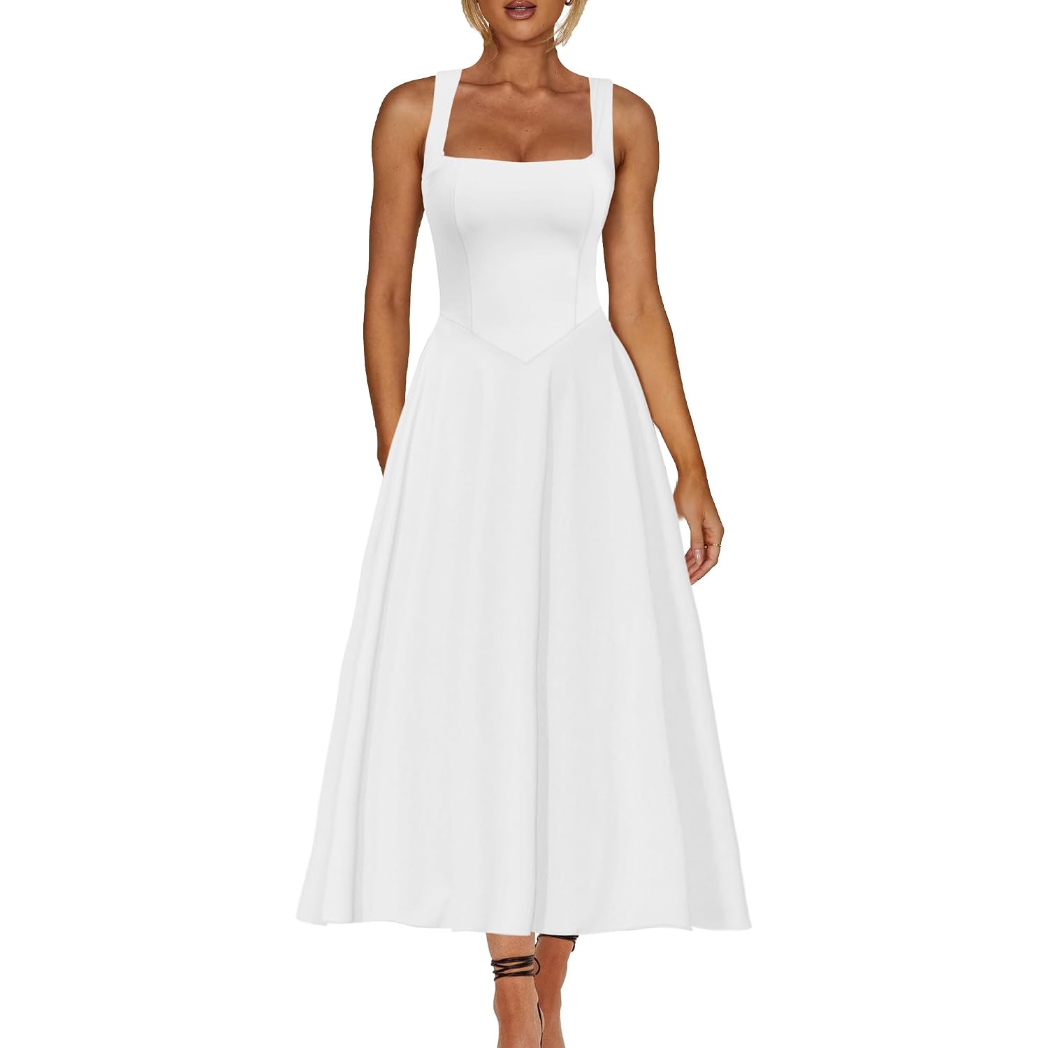 Kaximil Women'S Square Neck Sleeveless A Line Maxi Dress Smocked Ruffle Flowy Casual Long Dresses
