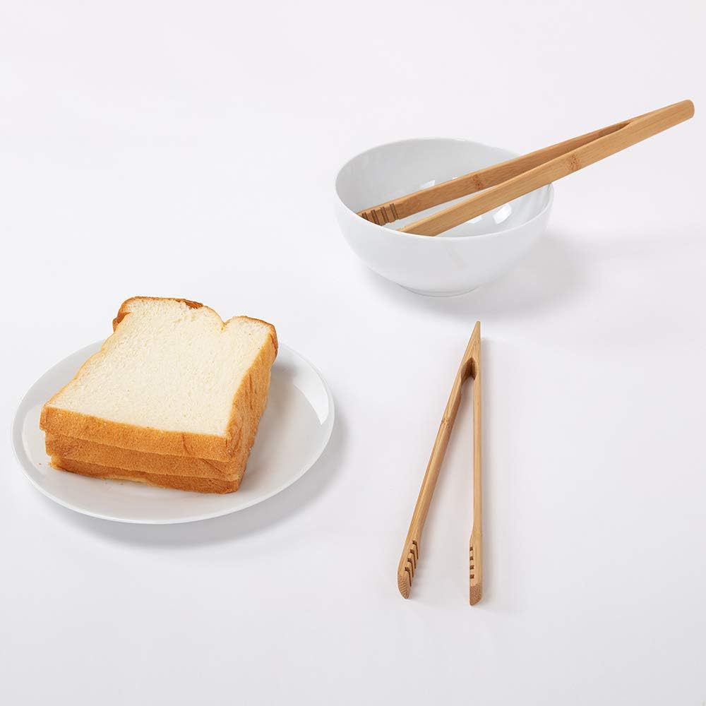 Dujen 2 Pieces Bamboo Toast Tongs, 10.2 Inches Long Wood Toaster Tongs With Anti-Slip Design, Tongs For Cooking With Cooking Oil Coating