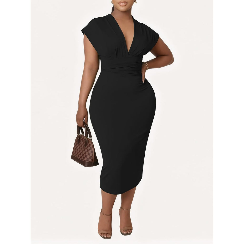 Women'S Bodycon Midi Dress Deep V-Neck Cap Sleeve Ruched High Waist Stretchy Dresses For Date Nights, Parties & Work